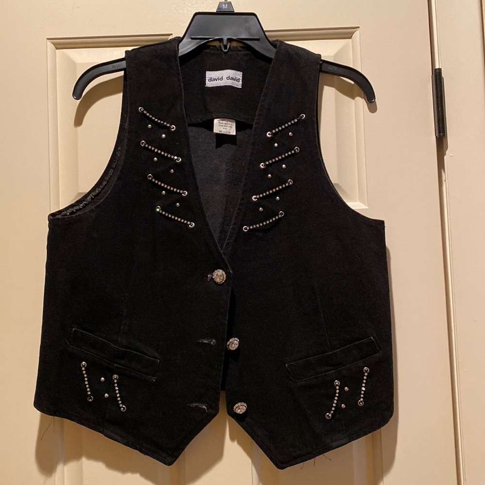 Vintage 70s David David black denim jean vest w rhinestones 100% cotton M